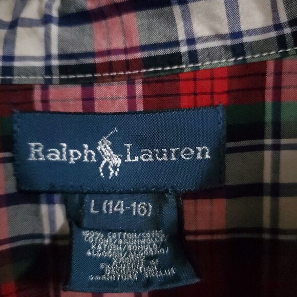 Ralph Lauren Shirt Men's Large (14-16) Red Blue Green White Plaid Cotton Button - Picture 4 of 16